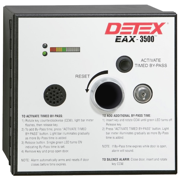 Detex Timed Bypass Exit Alarm and Rechargeable Battery - Wired - 24 V AC - 100 dB - Audible - Surface Mount